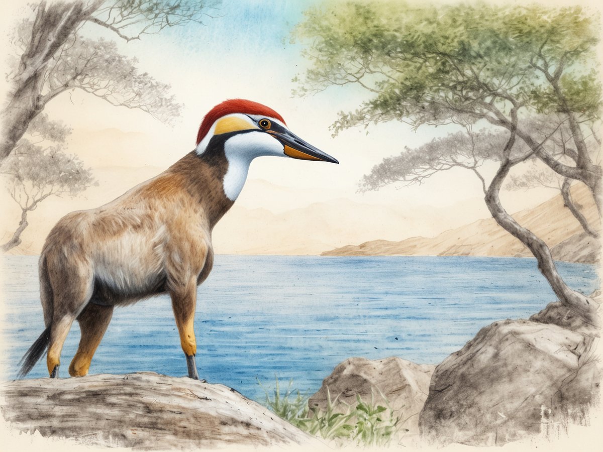 Ein prähistorischer Vogel mit einem auffälligen roten Kopf und einem charakteristischen Schnabel steht an einem ruhigen Gewässer im Golfo de Jiquilisco Biosphärenreservat. Die Szenerie ist von sanften Hügeln und vereinzelten Bäumen umgeben, was die reiche Tierwelt der Region unterstreicht. Das Bild vermittelt eine friedliche Atmosphäre und spiegelt die natürliche Schönheit des Lebensraums wider.