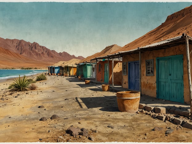 Das Bild zeigt eine Küstenlandschaft mit mehreren einfachen Hütten oder Häusern in verschiedenen Farben, die entlang eines Sandstrandes aufgereiht sind. Im Hintergrund sind beeindruckende Berge zu sehen, die die Landschaft prägen. Der Himmel ist klar und blau, was auf ein sonniges Wetter hinweist. Die Umgebung wirkt ruhig und idyllisch, mit einigen Pflanzen, die die natürliche Schönheit der Gegend hervorheben.

In Dschibuti, einem kleinen Land im Horn von Afrika, gibt es sowohl atemberaubende Küstenlinien als auch faszinierende Berglandschaften. Es ist bekannt für seine vielfältige Geografie und kulturelle Vielfalt, die durch verschiedene ethnische Gruppen geprägt ist. Die Kombination aus Meer und Wüste macht Dschibuti zu einem einzigartigen Reiseziel.