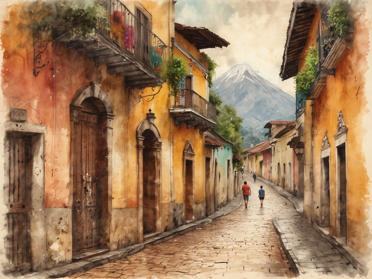 Eine malerische Straße in Antigua Guatemala, umgeben von kolonialen Gebäuden in warmen Farben. Die schmalen Gassen sind gepflastert und führen sanft bergab. Im Hintergrund erhebt sich ein majestätischer Vulkan unter einem leicht bewölkten Himmel. Zwei Personen gehen entspannt die Straße entlang, während farbenfrohe Balkone mit Pflanzen den Anblick abrunden. Die gesamte Szene strahlt den historischen Charme und die Schönheit dieses UNESCO-Weltkulturerbes aus.