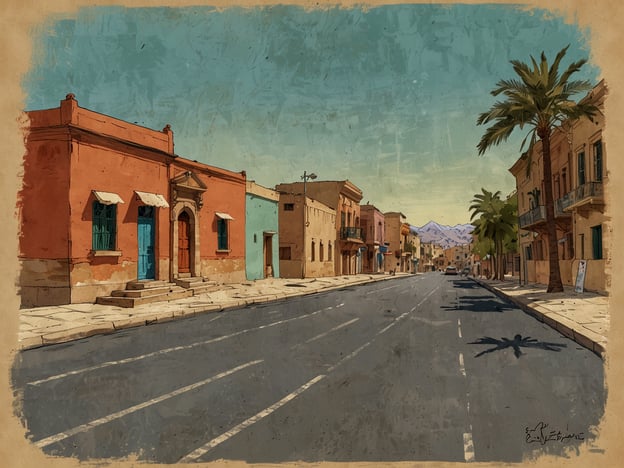 Auf dem Bild ist eine Straßenansicht, die möglicherweise eine Stadt in Eritrea zeigt, erkennbar an den stilisierten, farbenfrohen Gebäuden. Historisch betrachtet spielt Eritrea eine wichtige Rolle in der Region. Die Unabhängigkeit von Äthiopien im Jahr 1993 war ein bedeutender Meilenstein. Zuvor war das Land über drei Jahrzehnte lang in einem erbitterten Krieg um die Unabhängigkeit, der 1961 begann. Die Architektur der Gebäude könnte auch Anklänge an die italienische Kolonialzeit ab den 1880er Jahren zeigen, die sich bis in die Mitte des 20. Jahrhunderts erstreckte. Solche Elemente sind oft Teil der urbanen Landschaft in Städten wie Asmara, die für ihre gut erhaltenen Beispiele kolonialer Architektur bekannt ist.