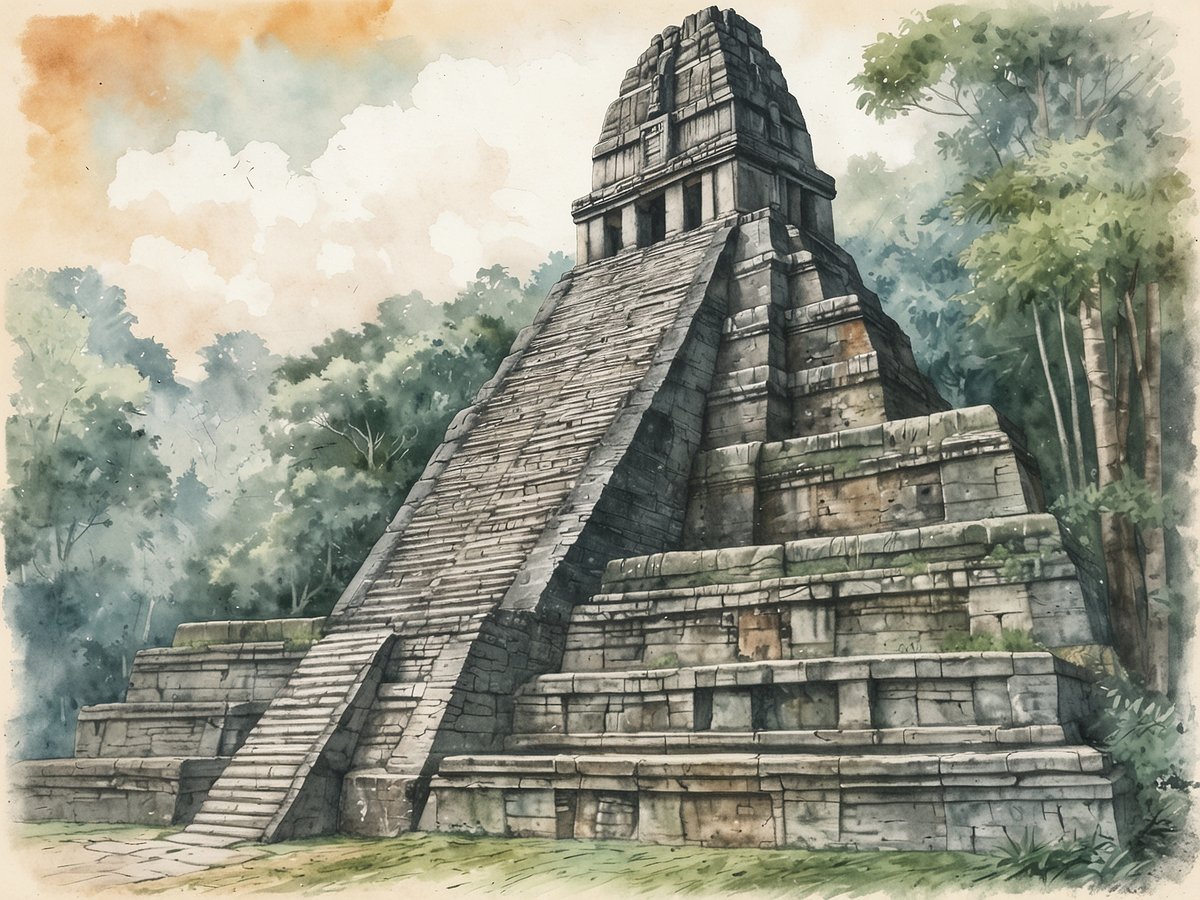 Die Abbildung zeigt eine eindrucksvolle Maya-Pyramide, umgeben von üppigem Dschungel. Die Pyramide ist aus grauen Steinen erbaut und verfügt über eine steile Treppe, die zur obersten Plattform führt. Über der Struktur sind sanfte Wolken und ein blauer Himmel zu sehen, die für eine friedliche Atmosphäre sorgen. Die grünen Bäume im Hintergrund verstärken das Gefühl der Einsamkeit und der uralten Geschichte dieses beeindruckenden Bauwerks.