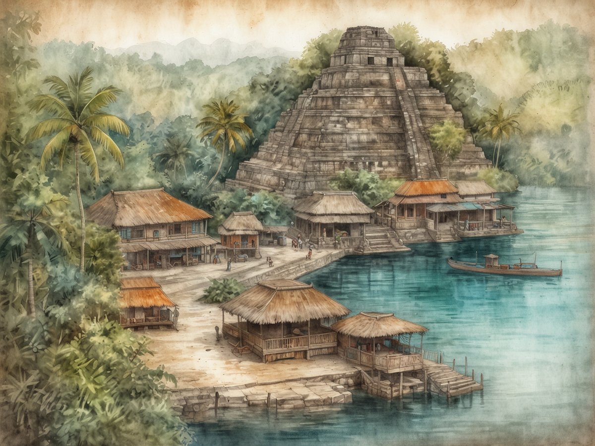 Charmante Inselstadt am Petén-See mit einer malerischen Ansicht auf die nahen, von üppiger Vegetation umgebenen Gebäude. Im Hintergrund erhebt sich eine beeindruckende Maya-Pyramide, die Teil der Tikal-Archäologie ist. Die Architektur der Häuser mit Strohdächern und Holzverkleidung spiegelt den traditionellen Stil der Region wider. Ein ruhiger Wasserweg verläuft entlang der Stadt, auf dem ein kleines Boot sanft schaukelt, während leichte Wellen die Ufer umspülen. Die gesamte Szene ist von einer warmen, nostalgischen Atmosphäre geprägt.