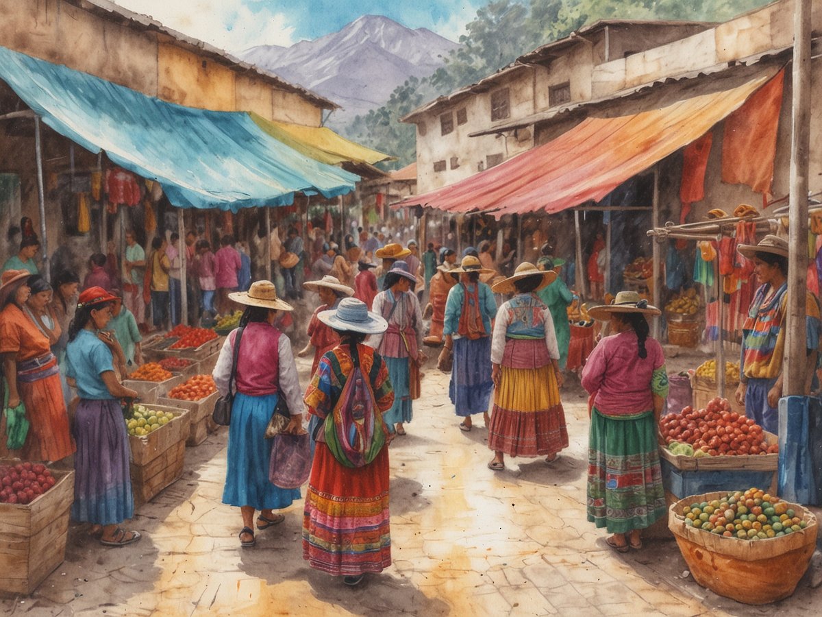 Lebhafte Szenerie auf dem Chichicastenango Markt in Guatemala mit bunten Ständen, die frisches Obst und Gemüse anbieten. Frauen in traditioneller Kleidung und Strohhüten bewegen sich durch die Reihen, während andere Käufer neugierig das Angebot betrachten. Die Farben der Stoffe und Marktstände schaffen eine einladende Atmosphäre, vor einer Kulisse von sanften Hügeln und einem bewaldeten Gebirge im Hintergrund.