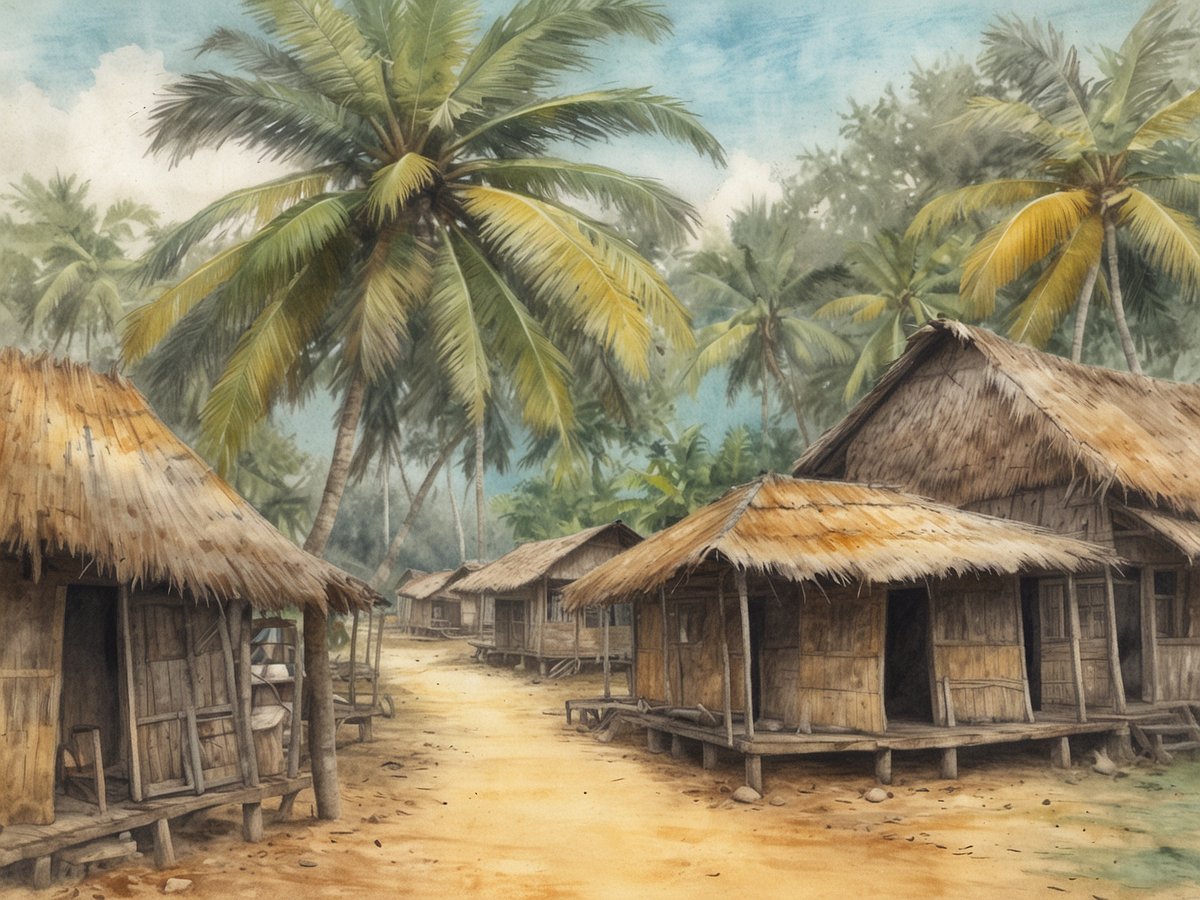 Eine ländliche Szene, die mehrere traditionelle Holzhäuser mit Strohdächern zeigt, die entlang eines schwach ausgetretenen Pfades angeordnet sind. Die Umgebung ist von hohen, grünen Palmen und dichter Vegetation geprägt. Der Himmel ist hell und leicht bewölkt, was eine friedliche Atmosphäre schafft. Die Gebäude sind einfach, mit offenen Veranden, die einen Einblick in die beschauliche Lebensweise bieten. Der warme Sandweg verbindet die Häuser und lädt dazu ein, die Umgebung zu erkunden.