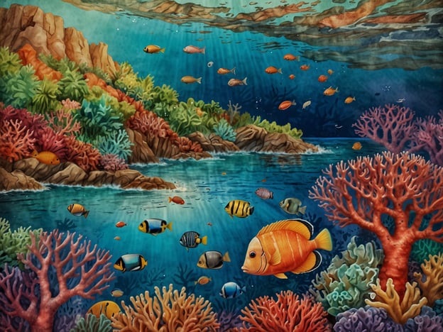 Auf dem Bild ist eine lebendige Unterwasserlandschaft zu sehen, die das marine Ökosystem von Mayotte widerspiegelt. Die Darstellung zeigt bunte Korallenriffe, die eine Vielzahl von tropischen Fischen beherbergen. Diese Riffe sind charakteristisch für die Gewässer rund um Mayotte, die für ihre Artenvielfalt und den klaren, blauen Ozean bekannt sind. 

Die Korallenriffe bieten nicht nur Lebensraum für zahlreiche Fische, sondern sind auch wichtig für den Küstenschutz und das Gleichgewicht des marine Lebens. Das Bild vermittelt die Schönheit und Fragilität dieses einzigartigen Ökosystems, das es zu schützen gilt.