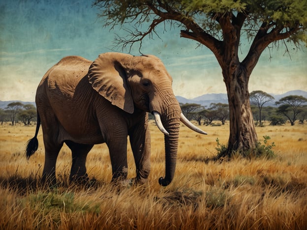 Auf dem Bild ist ein Elefant zu sehen, der in einer weiten Savanne steht. Die Szene spielt in einem typischen afrikanischen Landschaftsbild, das möglicherweise in Tansania aufgenommen wurde. Die Kombination aus dem Elefanten, dem hohen Gras und den verstreuten Bäumen schafft eine beeindruckende Darstellung der Wildnis, die für Tansanias Nationalparks, wie den Serengeti Nationalpark, bekannt ist. Dort leben viele verschiedene Tierarten in ihrem natürlichen Lebensraum.