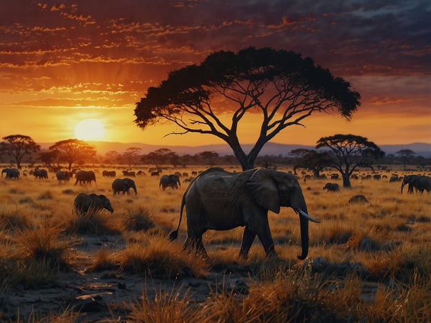 Auf dem Bild ist eine beeindruckende Szene aus der Serengeti zu sehen, einem wahren Paradies für Tierliebhaber. Im Vordergrund ist ein Elefant, der durch das hohe, goldene Gras wandert. Im Hintergrund sieht man weitere Elefanten, die friedlich in der savannenartigen Landschaft grasen. Die imposanten Akazienbäume silhouettieren sich gegen den spektakulären Sonnenuntergang, der den Himmel in warmen Farben erleuchtet. Dieses Bild fängt die majestätische Schönheit und die Vielfalt der Tierwelt in der Serengeti perfekt ein.