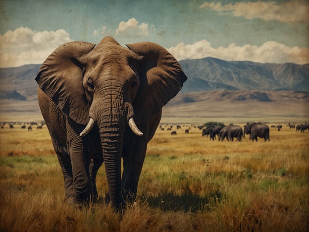 Auf dem Bild ist ein großer Elefant zu sehen, der in einer savannenartigen Landschaft steht. Im Hintergrund sind weitere Elefanten sowie eine Weite von Graslandschaften und sanften Hügeln oder Bergen zu erkennen. Dieses Szenario könnte im Ngorongoro-Krater stattfinden, einem UNESCO-Welterbe, das für seine beeindruckende Tierwelt und natürliche Schönheit bekannt ist. Der Krater beherbergt eine Vielzahl von Tieren, darunter auch Elefanten, und ist ein bedeutendes Lebensraum für viele Arten.