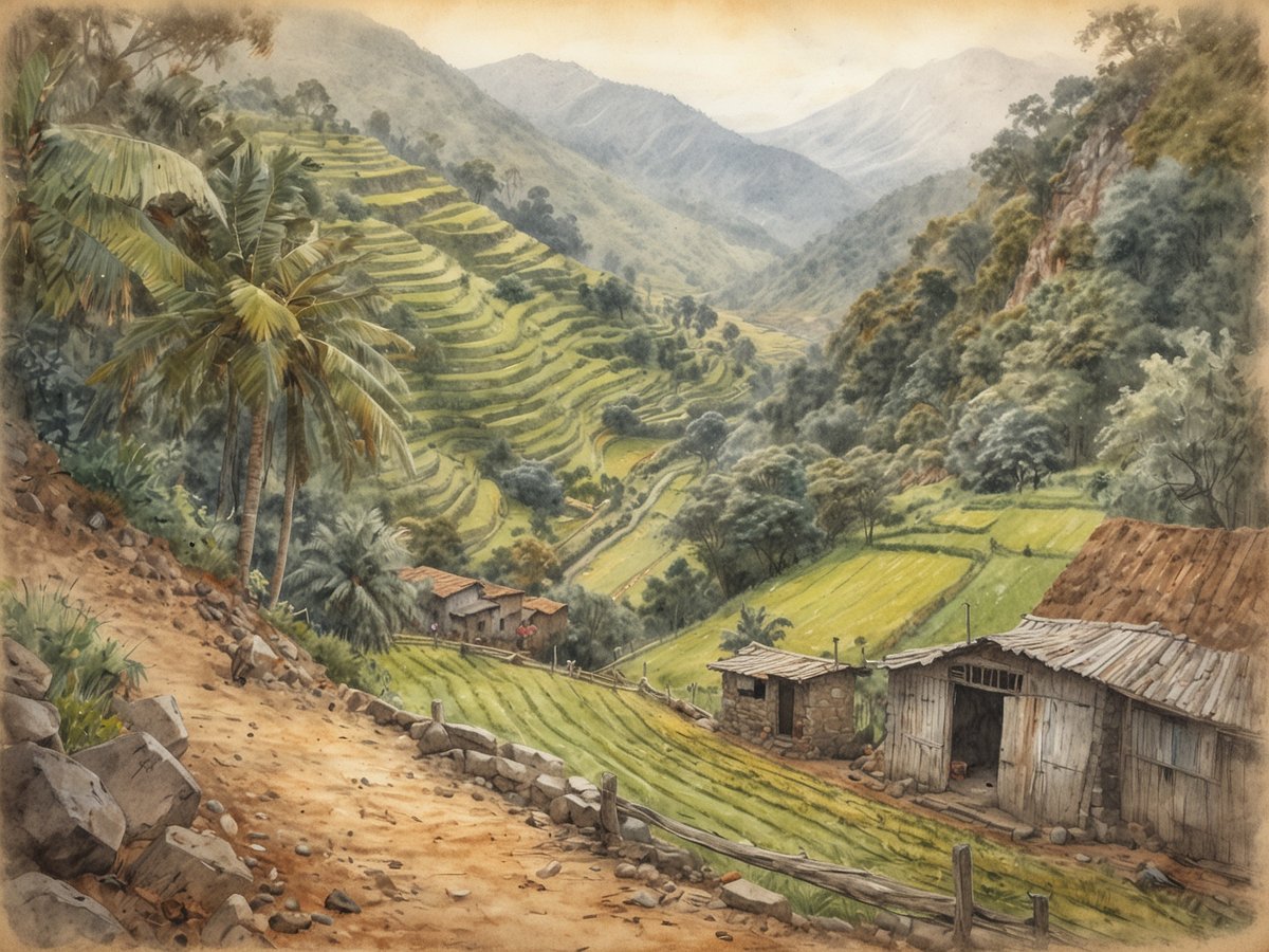 Eine malerische Landschaft im guatemaltekischen Hochland mit terrassierten Kaffeefeldern, üppigen grünen Hügeln und vereinzelten kleinen Holzhäusern. Im Vordergrund führt ein geschotterter Weg entlang der Felder, gesäumt von Steinen und Pflanzen. Links stehen hohe Palmen, während sich im Hintergrund majestätische Berge unter einem sanften Himmel erheben. Die Szene strahlt Ruhe und Naturverbundenheit aus.