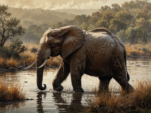 Auf dem Bild ist ein majestätischer Elefant zu sehen, der durch ein ruhiges Gewässer watet. Seine Haut ist leicht nass und reflektiert das sanfte Licht der Umgebung, während er durch das Wasser schreitet. Um ihn herum erstrecken sich hohe Gräser und vereinzelt Bäume, die die natürliche Schönheit der Savanne widerspiegeln.

Ein einzigartiges Erlebnis mit Elefanten könnte sein, einen solchen Zeitpunkt in der Wildnis zu beobachten, wenn sie mit ihren Familiengruppen interagieren. Es ist beeindruckend, ihre sozialen Bindungen zu sehen, wenn sie sich gegenseitig helfen oder ihre jungen Tiere beschützen. Oft spielen die jungen Elefanten fröhlich im Wasser, spritzen sich gegenseitig und zeigen, wie verspielt und intelligent diese Tiere sind. Solche Beobachtungen lassen einen die majestätische Anmut und die emotionale Tiefe dieser Tiere noch mehr schätzen.