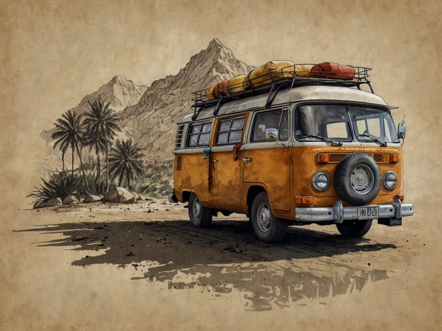 Auf dem Bild ist ein orangefarbener VW-Bus zu sehen, der in einer landschaftlich reizvollen Umgebung steht, umgeben von Bergen und Palmen. Dieses Fahrzeug symbolisiert nicht nur die Freiheit des Reisens, sondern kann auch als Beispiel für nachhaltigen Tourismus betrachtet werden. 

Nachhaltigkeit bedeutet, bewusst mit unseren Ressourcen umzugehen und die Umwelt zu schonen. Der VW-Bus, oft mit einem kultigen und umweltbewussten Lebensstil assoziiert, lädt dazu ein, die Natur zu erkunden, während man Verantwortung für den eigenen ökologischen Fußabdruck übernimmt. Solche Fahrzeuge können mit umweltfreundlichen Technologien ausgestattet werden, um umweltbewusste Reisen zu fördern. 

Das Bild regt dazu an, über die Verbindung zwischen Abenteuer und Verantwortungsbewusstsein nachzudenken und zeigt, dass wir die wunderschöne Natur respektieren sollten, während wir sie genießen.