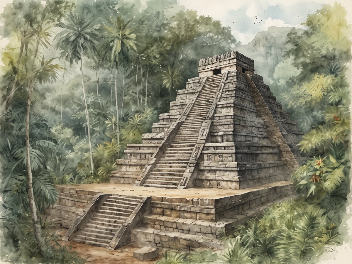 Ein majestätischer Maya-Tempel steht im dichten Dschungel, umgeben von üppigem Grün und hohen Palmen. Der Tempel hat eine beeindruckende Pyramidenform mit mehreren Stufen, die zu einer flachen Plattform oben führen. Die steinernen Strukturen sind von der Natur umgeben und strahlen eine alte, geheimnisvolle Atmosphäre aus. Im Hintergrund sind sanfte Hügel und bewaldete Flächen sichtbar, die die Abgeschiedenheit des Standorts verdeutlichen.
