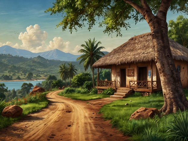 Im Herzen Burundis zeigt das Bild eine malerische Landschaft. Zu sehen ist ein traditionelles Haus mit einem strohgedeckten Dach, umgeben von üppigem Grün und palmenartigen Pflanzen. Ein schmaler, gewundener Weg führt zum Haus, während im Hintergrund sanfte Hügel und Berge sowie ein ruhiges Gewässer sichtbar sind. Die harmonische Verbindung von Natur und ländlichem Leben spiegelt die Schönheit und Ruhe der burundischen Landschaft wider.