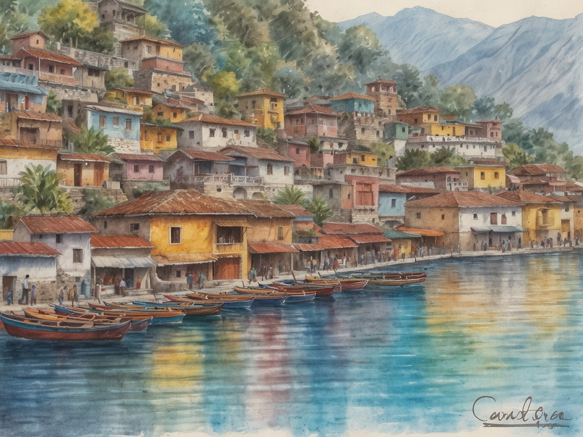 Das Bild zeigt eine malerische Ansicht von Santiago Atitlán am Atitlán-See, wo farbenfrohe, traditionell gebaute Häuser entlang des Ufers stehen. Im Vordergrund sind mehrere Boote in verschiedenen Farbtönen angeordnet, die im ruhigen Wasser reflektiert werden. Die Häuser, mit ihren roten Ziegeldächern und bunten Fassaden, sind am Hang des Berges errichtet, umgeben von üppiger Vegetation. Einzelne Personen sind am Ufer und in den Booten sichtbar, die der lebendigen indigenen Kultur und den täglichen Aktivitäten in dieser Region Ausdruck verleihen. Im Hintergrund erheben sich majestätische Berge, die das Bild eindrucksvoll abrunden.