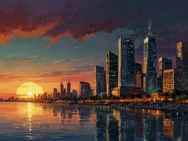 Auf dem Bild ist eine Stadtlandschaft bei Sonnenuntergang zu sehen. Die Skyline ist von modernen Wolkenkratzern geprägt, und der Sonnenuntergang spiegelt sich im ruhigen Wasser. Zwischen der Stadt und dem Strand gibt es eine Uferpromenade, die von Palmen gesäumt ist. Diese Szenerie bietet eine harmonische Verbindung zwischen urbanem Leben und natürlicher Schönheit, ideal für Spaziergänge entlang des Strandes oder um das bunte Spektakel des Sonnenuntergangs zu genießen.