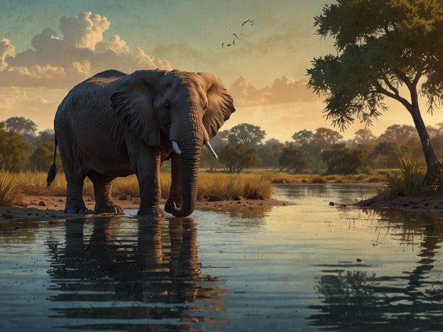 Auf dem Bild ist ein majestätischer Elefant zu sehen, der in einem ruhigen Gewässer steht. Die Umgebung ist typisch für die afrikanische Savanne, mit grünen Büschen und Bäumen. Der Himmel ist in warmen Farben gehalten, was auf einen Sonnenuntergang hindeutet. Diese Szenen sind charakteristisch für Sambia, ein Land, das für seine beeindruckende Tierwelt und atemberaubenden Landschaften bekannt ist. Sambia beheimatet viele Naturreservate, in denen Elefanten und andere Wildtiere in ihren natürlichen Lebensräumen leben.