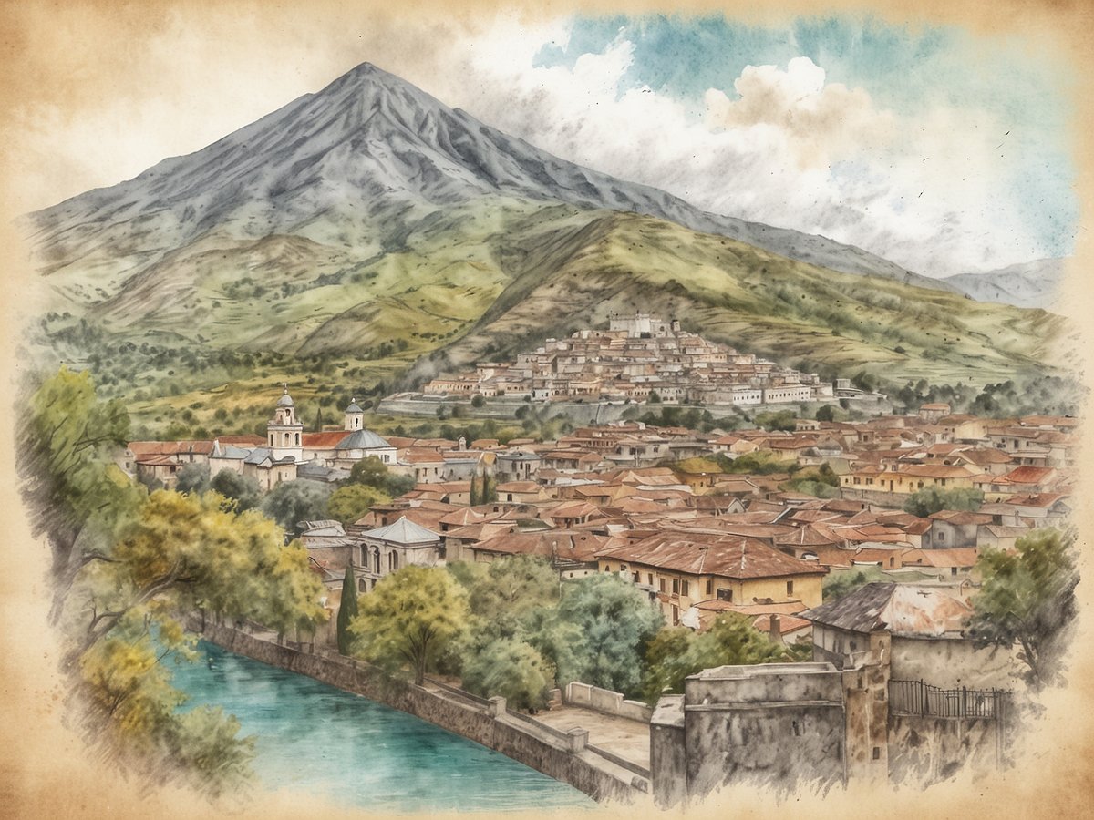 Atemberaubender Blick auf die Kolonialstadt Antigua mit dem Cerro de la Cruz im Hintergrund, der majestätisch über den Dächern der Stadt thront. Die malerische Landschaft zeigt die sanften Hügel und das auffällige Bergpanorama, während sich das ruhige Wasser eines Flusses entlang der Stadt schlängelt. Die traditionellen roten Ziegeldächer der Gebäuden stehen im Kontrast zu den grünen Bäumen und der üppigen Natur, die die Umgebung prägen. Sanfte Wolken ziehen am Himmel und verleihen der Szene eine friedliche Atmosphäre.