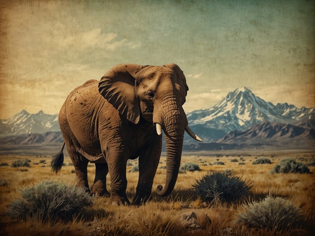 Auf dem Bild ist ein Elefant in einer weitläufigen Landschaft zu sehen, die von Bergen im Hintergrund geprägt ist. Die Szenerie erinnert an die majestätischen Nationalparks, in denen solche Tiere oft in ihrer natürlichen Umgebung leben. Der Elefant steht auf einer offenen Fläche, umgeben von buschiger Vegetation, und die erhabenen Berge verleihen dem Bild eine dramatische Kulisse. Solche Motive sind charakteristisch für die eindrucksvolle Tierwelt und die atemberaubenden Landschaften, die in vielen spektakulären Nationalparks zu finden sind.