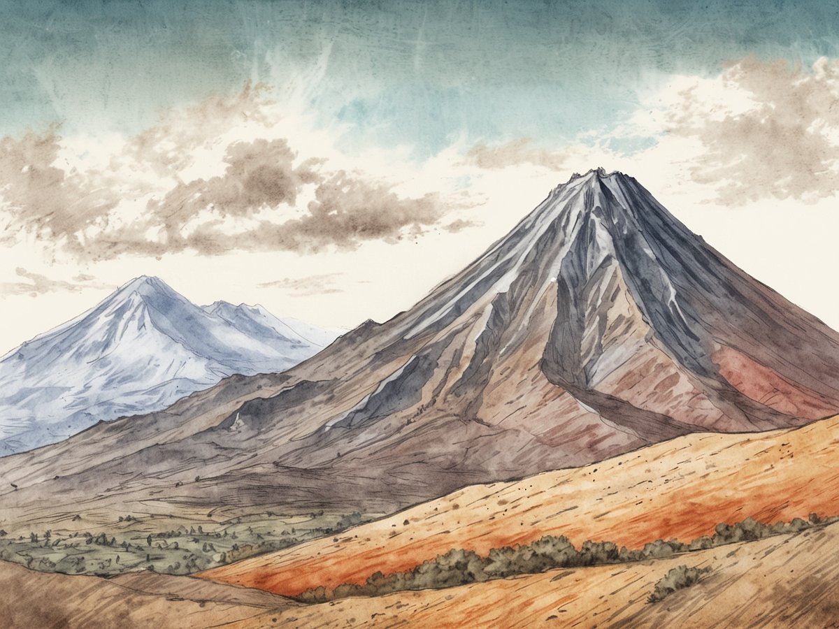 Eine malerische Landschaft zeigt den erloschenen Vulkan Volcán de Agua im Vordergrund, umgeben von sanften Hügeln und zerklüfteten Berghängen. Der Vulkan erhebt sich majestätisch mit seiner markanten Form und den schroffen Felsen, während im Hintergrund ein weiterer Berg zu sehen ist. Der Himmel ist in sanften Blautönen und mit wolkigen Strukturen gestaltet, die dem Bild eine harmonische Atmosphäre verleihen. Die Landschaft ist teils grün und teils in Erdtönen gehalten, was die natürliche Schönheit der Umgebung betont.