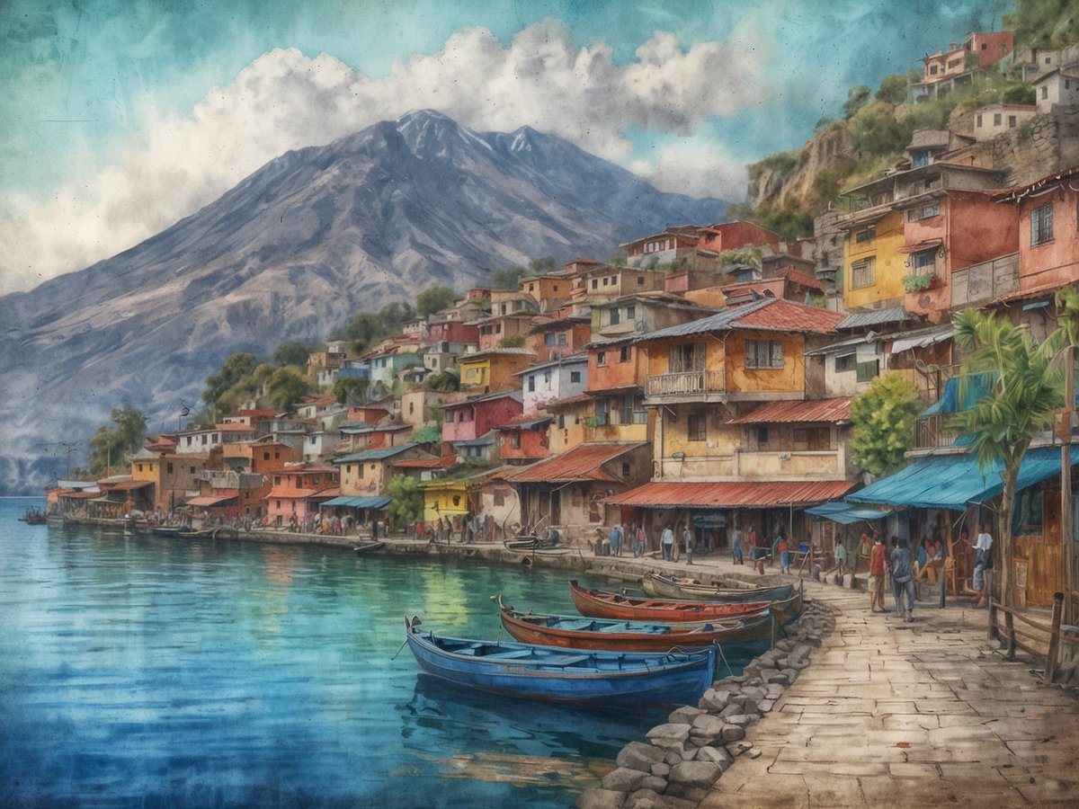 San Pedro La Laguna am Atitlán-See zeigt eine malerische Uferpromenade mit bunten, mehrstöckigen Häusern, die an den Hang eines Vulkans gebaut sind. Die sanfte Welle des glitzernden Wassers spiegelt die Farben der Umgebung wider. Im Vordergrund liegen mehrere Holzboote im Wasser, während Spaziergänger und Marktbeschicker entlang der gepflasterten Straße aktiv sind. Die Atmosphäre ist lebhaft und einladend, umgeben von einer beeindruckenden, bewaldeten Berglandschaft unter einem teilweise bewölkten Himmel.