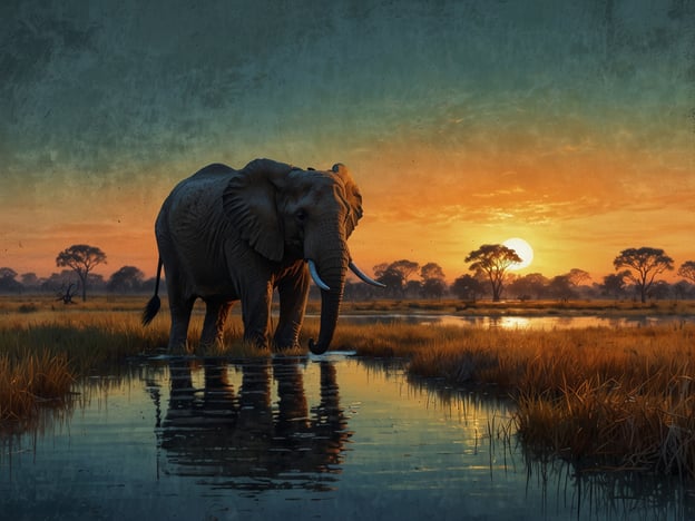 Auf dem Bild ist ein Elefant zu sehen, der in einer ruhigen Wasserszene steht, umgeben von der typischen Vegetation des Okavango-Deltas. Im Hintergrund strahlt die untergehende Sonne, die eine warme Atmosphäre schafft. Das Bild vermittelt ein Gefühl von Frieden und der natürlichen Schönheit des Okavango-Deltas, einem einzigartigen Ökosystem in Botswana.