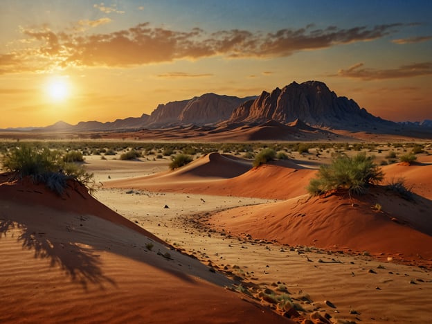 Auf dem Bild ist eine Landschaft zu sehen, die sehr an die Kalahari-Wüste erinnert. Die Szene zeigt sanfte Sanddünen, die in warmen Farben leuchten, und im Hintergrund sind beeindruckende Felsen oder Berge zu sehen. Der Sonnenuntergang taucht die Landschaft in ein sanftes, gold-orange Licht, was eine friedliche und majestätische Atmosphäre schafft.  Die Vegetation ist spärlich, was für die karge Schönheit der Wüste typisch ist.