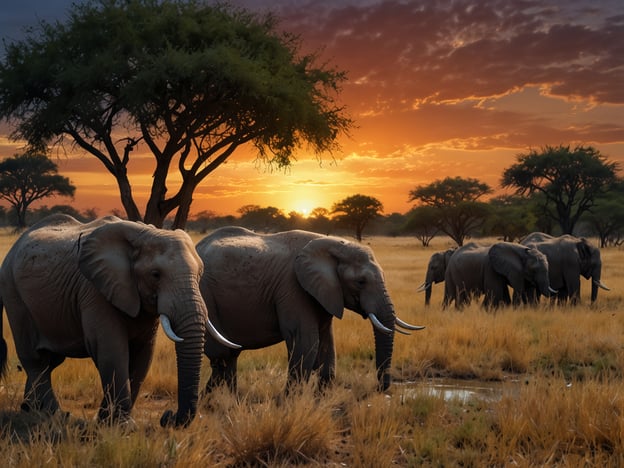 Auf dem Bild sind Elefanten in einer savannenartigen Landschaft zu sehen, die während eines Sonnenuntergangs fotografiert wurde. Dieser Anblick ist charakteristisch für Botswana, wo nachhaltiger Tourismus eine wichtige Rolle spielt. 

Botswana ist bekannt für seine vielfältige Tierwelt und atemberaubenden Landschaften, die durch nachhaltige Praktiken geschützt werden. Der verantwortungsvolle Tourismus in der Region fördert den Schutz der Elefanten und ihrer Lebensräume, während er gleichzeitig die lokale Bevölkerung unterstützt. Durch umweltfreundliche Lodges und geführte Touren wird sichergestellt, dass die Natur respektiert wird und zukünftige Generationen die Schönheit Botswanas erleben können.