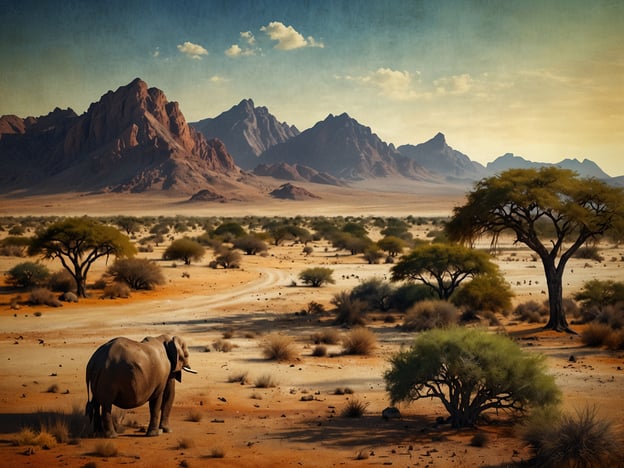 Das Bild zeigt eine beeindruckende Landschaft, die typisch für Namibia ist. In der Szene sieht man einen majestätischen Elefanten, der in einer weiten, trockenen Savanne steht, umgeben von sanften Hügeln und Bergen im Hintergrund. Die Landschaft ist durch ihre rötlichen Erdtöne und das sporadische Wachstum von Akazienbäumen charakterisiert. Namibia ist bekannt für seine vielfältige Tierwelt und atemberaubenden Landschaften, die von Wüste bis zu fruchtbaren Regionen reichen. Diese Szenerie vermittelt das Gefühl der Weite und der unberührten Natur, für die das Land berühmt ist.