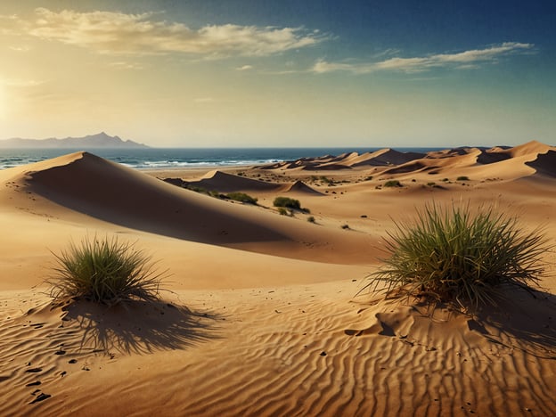 Auf dem Bild ist eine beeindruckende Landschaft zu sehen, die die Küste Namibias widerspiegelt. Es zeigt sandige Dünen, die sanft in den Horizont verlaufen, sowie einige Grasbüschel, die sich in der Wüste befinden. Im Hintergrund sind die Wellen des Ozeans und möglicherweise eine Bergkette sichtbar, die diese einzigartige Küstenregion charakterisieren. Die Farben und das Licht vermitteln eine warme, friedliche Atmosphäre, die typisch für diese Gegend ist.