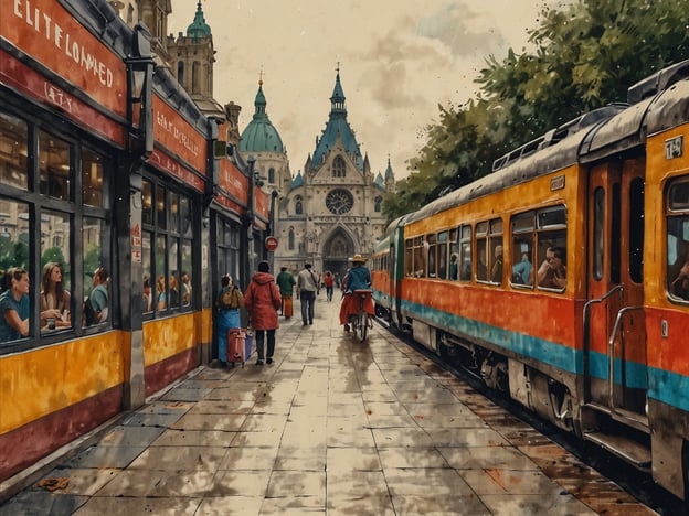 Auf dem Bild ist eine lebhafte Straßenszene zu sehen, die von charmanten Cafés und einem bunten Zug gesäumt ist. Im Hintergrund ragt eine beeindruckende Kirche mit einer markanten Architektur empor, die die Augen des Betrachters auf sich zieht. Die Straße ist belebt mit Fußgängern, die entweder mit Koffern reisen oder einfach die Atmosphäre genießen.

### Reise-Highlights und Tipps:

1. **Entdecke die Architektur**: Achte besonders auf die faszinierenden Details der Kirchenfassade. Plane einen Besuch, um die Innenräume zu erkunden, falls das möglich ist.

2. **Genieße die lokale Gastronomie**: Die Cafés am Straßenrand laden dazu ein, die lokale Küche zu probieren. Probiere regionale Spezialitäten oder gönne dir einen Kaffee, während du das Treiben beobachtest.

3. **Nutze öffentliche Verkehrsmittel**: Der Zug im Bild bietet eine hervorragende Möglichkeit, die Umgebung zu erkunden. Informiere dich über die Fahrpläne und nutze die Gelegenheit, verschiedene Stadtteile zu besuchen.

4. **Fotospots**: Diese Straße scheint ein schöner Ort für Fotos zu sein. Versuche, zu verschiedenen Tageszeiten zu kommen, um unterschiedliche Lichtverhältnisse zu nutzen.

5. **Spaziere umher**: Lass dich durch die Straßen treiben und entdecke versteckte Ecken und Geschäfte. Oft findet man die besten Erlebnisse abseits der ausgetretenen Pfade. 

Viel Spaß beim Entdecken dieser lebhaften Stadt!