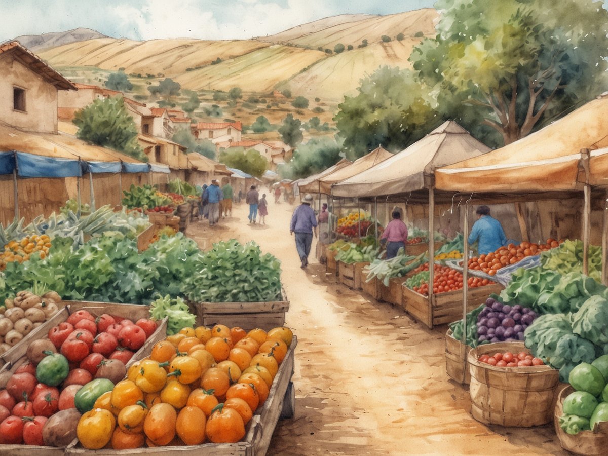 Fruchtbare Felder und lebendige Märkte im Gemüseanbaugebiet Almolonga. Das Bild zeigt einen Markt mit zahlreichen Ständen, die mit frischem Obst und Gemüse gefüllt sind. Überquellende Körbe mit Tomaten, Orangen, Gurken und verschiedenen Blattgemüsesorten sind zu sehen. Händler und Kunden schlendern durch die Gänge zwischen den Ständen, während im Hintergrund sanfte Hügel mit grünen Feldern zu sehen sind. Der Himmel ist blau mit wenigen Wolken, was eine angenehme und einladende Atmosphäre vermittelt.