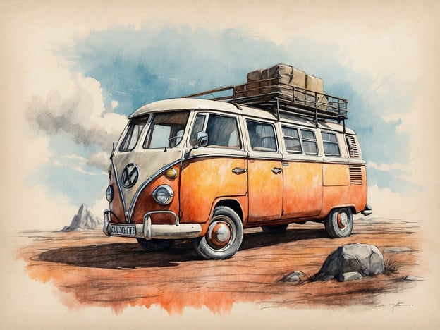 Auf dem Bild ist ein klassischer Volkswagen-Bus zu sehen, der eine nostalgische Stimmung verbreitet. Stell dir vor, wie dieser Bus durch malerische Landschaften fährt, während der Duft von frisch gebrühtem Kaffee und köstlichen Gebäckstücken in der Luft liegt. An einem Abstecher in ein gemütliches Café könnten die Passagiere eine leckere Tasse Cappuccino genießen, während sie die Aussicht auf die Umgebung bewundern. Solche Reisen verbinden kulinarische Genüsse mit unvergesslichen Momenten in der Natur.