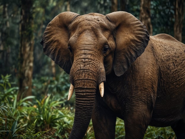 Das Bild zeigt einen Elefanten, der in einer dichten, grünen Umgebung steht, wahrscheinlich in einem Wald. Die Umgebung wirkt ruhig und natürlich, und der Elefant hat große Ohren sowie charakteristische Stoßzähne. Elefanten sind in Gabun heimisch, wo sie oft in tropischen Wäldern und Savannen anzutreffen sind. Sie sind für ihre Intelligenz und sozialen Strukturen bekannt.