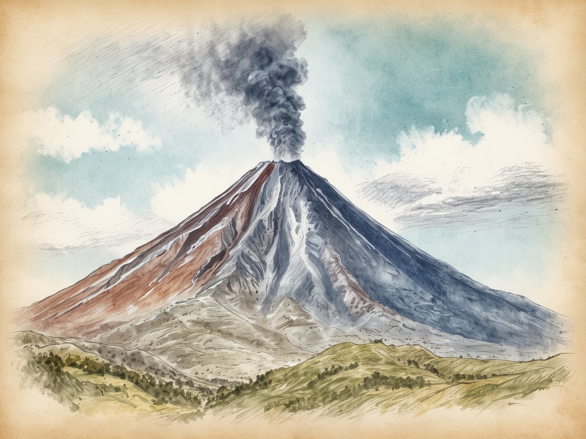 Ein eindrucksvoller Blick auf den Volcán Tajumulco, den höchsten Vulkan Zentralamerikas. Der Vulkan erhebt sich majestätisch mit einem steilen, von Lava durchzogenen Hang, auf dem rauchige Wolken aufsteigen und den Himmel verdunkeln. Umgeben von sanften Hügeln und einer grünen Landschaft, kontrastiert die kalte, bläuliche Farbpalette mit den warmen Erdtönen des Vulkangesichts. Die Wolken am Himmel verleihen dem Bild eine dramatische Atmosphäre und laden Abenteuerlustige dazu ein, diese beeindruckende Naturstätte zu erkunden.
