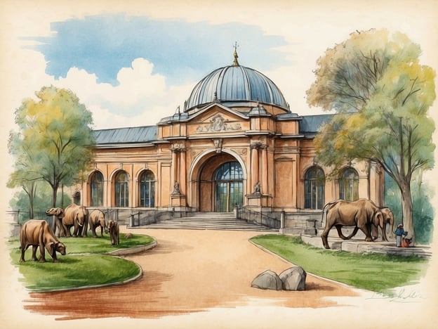 Auf dem Bild ist eine künstlerische Darstellung eines Gebäudes zu sehen, das an den Zoologischen Garten Berlin angelehnt ist. Die Architektur mit dem gewölbten Dach und den geschwungenen Fenstern könnte das historische Elefantenhaus darstellen, ein bedeutendes Bauwerk des Zoos.

Der Zoologische Garten Berlin wurde 1844 eröffnet und ist einer der ältesten Zoos der Welt. Besonders bemerkenswert ist, dass er das erste Elefantenhaus in Deutschland hatte. Auf dem Bild sind mehrere Elefanten dargestellt, die auf der Wiese stehen und an Pflanzen fressen. Diese Tiere sind ein wichtiger Bestandteil des Zootierbestands und ziehen viele Besucher an. Die Umgebung ist grün und einladend, was die Philosophie des Zoos widerspiegelt, den Tieren ein artgerechtes Lebensumfeld zu bieten. 

Die liebevolle Gestaltung des Gebäudes und die ruhige Szene fördern eine Verbindung zur Natur und den Tieren, die im Zoo leben. Der Zoologische Garten Berlin hat sich im Laufe der Jahre immer wieder weiterentwickelt und bemüht sich, Bildungsarbeit und Artenschutz zu verbinden.