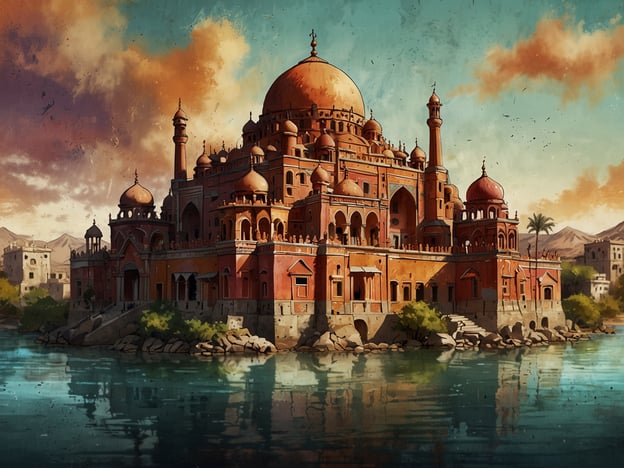 Auf dem Bild ist ein prachtvolles Bauwerk zu sehen, das architektonische Elemente aus verschiedenen Kulturen vereint. Die gute Mischung aus hohen Türmen, runden Kuppeln und aufwendigen Verzierungen zeigt Einflüsse aus orientalischer Architektur, wie sie oft in historischen Palästen oder Moscheen vorkommen. 

Im Vordergrund spiegelt sich das Gebäude im Wasser, was eine friedliche und harmonische Atmosphäre schafft. Diese Art von Architektur ist nicht nur ein Ausdruck von Kunstfertigkeit, sondern spiegelt auch die kulturelle Vielfalt und das historische Erbe der Region wider, in der solche Bauwerke entstanden sind. Solche Strukturen sind oft Zentren des kulturellen Lebens und der Gemeinschaft, was ihre Bedeutung über die reine Ästhetik hinaus unterstreicht.