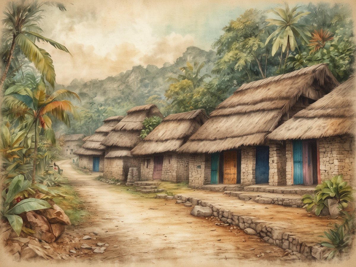 Ein traditionelles Maya-Dorf mit tiefen kulturellen Wurzeln ist abgebildet. Es zeigt mehrere Steinhäuser mit Strohdächern, die farbige Türen haben. Eine geschotterte Straße führt durch das Dorf, flankiert von üppigem, grünem Pflanzenbewuchs und Palmen. Im Hintergrund sind sanfte Hügel und dichter Wald zu sehen, was auf die natürliche Umgebung des Dorfes hinweist. Die Atmosphäre vermittelt ein Gefühl von Ruhe und Tradition.
