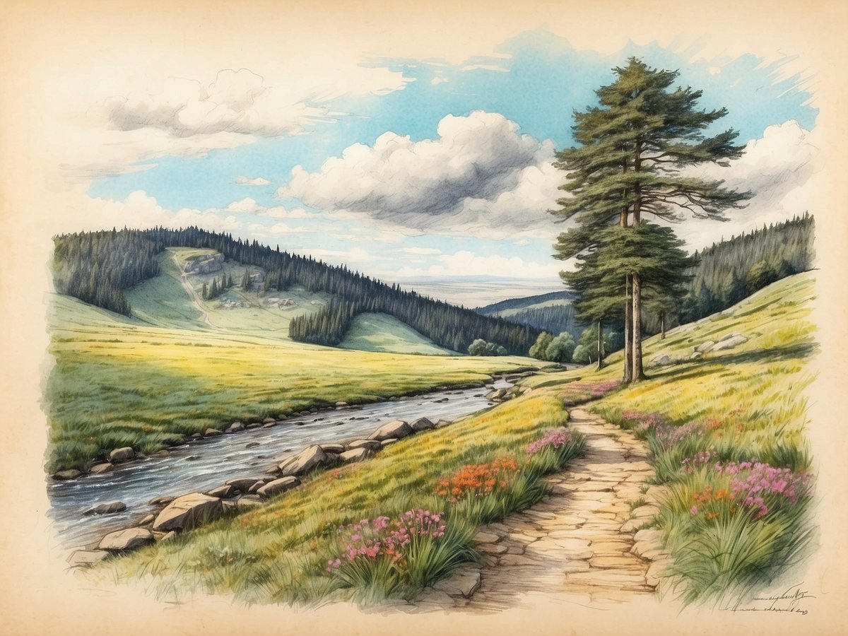 Eine malerische Landschaft mit einem klaren Bach, der sanft durch eine Wiese fließt. Auf der linken Seite sind große Steine am Ufer zu sehen, während die Wiese von bunten Blumen in Pink und anderen Farben gesäumt wird. Im Hintergrund erheben sich sanfte Hügel und dicht bewaldete Berge unter einem hellblauen Himmel mit einigen weißen Wolken. Ein schmaler, gepflasterter Weg führt durch die Szene, flankiert von hohen Gräsern und einem einsamen Baum, der der Landschaft Höhe verleiht.