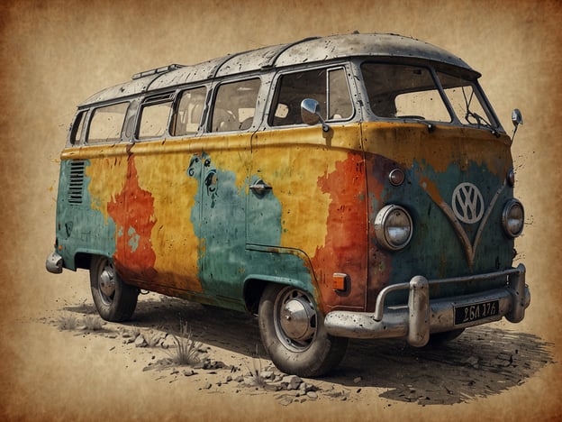 Auf dem Bild ist ein alter Volkswagen-Bus zu sehen, der durch sein farbenfrohes, jedoch stark abgenutztes Äußeres hervorsticht. Der Bus symbolisiert den Fortschritt in der Automobiltechnik der Vergangenheit, während die verblassten Farben und der Rost auf die Erfolge der Reisen und Abenteuer hinweisen, die er vermutlich erlebt hat. Dieses Fahrzeug ist ein klassisches Beispiel für den Kultstatus, den der VW-Bus in der Automobilgeschichte erreicht hat.