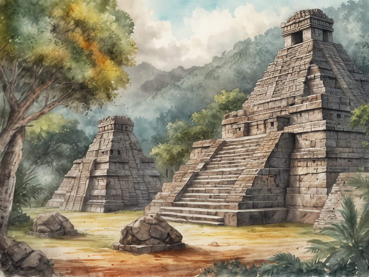 Das Bild zeigt eine antike Maya-Stätte mit zwei imposanten Pyramiden, die aus großen Steinen erbaut sind. Die Pyramiden sind aufeinander gestapelt und besitzen breite Stufen, die zu den oberen Plattformen führen. Umgeben sind die Strukturen von einer üppigen, grünen Vegetation mit großen Bäumen und Sträuchern. Einige große Steine liegen verstreut auf dem Boden. Im Hintergrund sind sanfte Hügel und ein bewölkter Himmel sichtbar, der dem Szenario eine mystische Atmosphäre verleiht.
