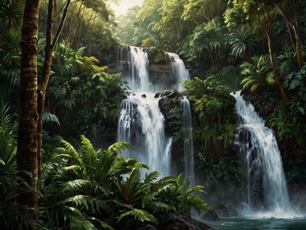 Auf dem Bild ist eine beeindruckende tropische Landschaft mit einem Wasserfall zu sehen, umgeben von dichten, üppigen Pflanzen und Bäumen. Diese Szenerie könnte die aufregende Natur Sierra Leones widerspiegeln, wo grüne Regenwälder und spektakuläre Wasserfälle charakteristisch sind. Die Vielfalt der Flora und das plätschernde Wasser schaffen eine ruhige und majestätische Atmosphäre, die die natürliche Schönheit dieses westafrikanischen Landes betont.