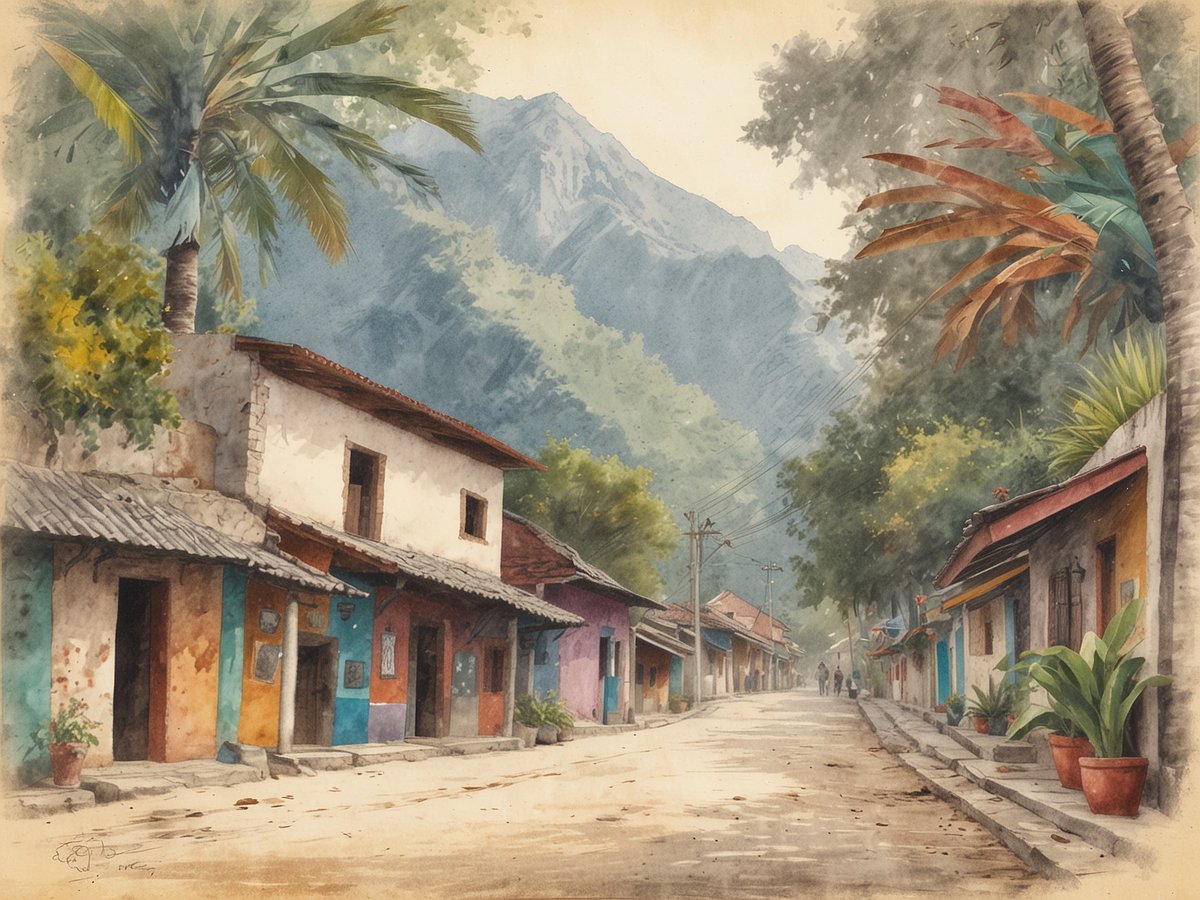 Eine malerische Straße in San Andrés Itzapa mit bunten, einfach gestalteten Häusern auf beiden Seiten. Die Fassaden sind in verschiedenen Farben gestrichen, darunter Orange, Blau, Lila und Weiß. Im Vordergrund sind einige Pflanzgefäße mit grünen Pflanzen zu sehen. Im Hintergrund erheben sich majestätische Berge, die mit üppigem Grün bewachsen sind. Die ruhige Atmosphäre wird durch Palmen und andere tropische Pflanzen am Straßenrand ergänzt, während einige Menschen in der Ferne spazieren.