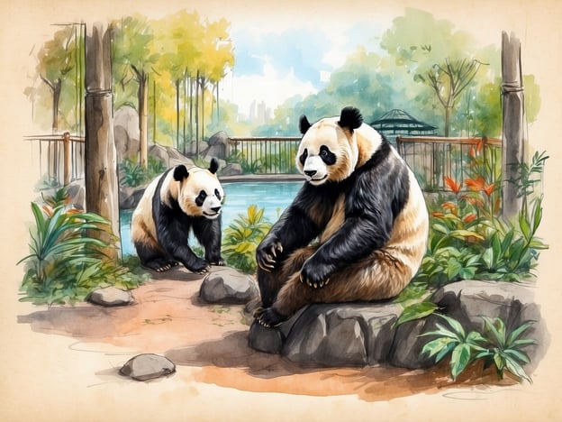 Auf dem Bild sind zwei Pandas zu sehen, die in einer natürlichen Umgebung sitzen. Diese Attraktion ist besonders beliebt bei Besuchern von Tierparks und Zoos, da Pandas für ihre Niedlichkeit und ihr einzigartiges Verhalten bekannt sind. Die Besucher können oft die Pandas beim Spielen, Fressen und Entspannen beobachten, was ein großes Highlight für Familien und Tierliebhaber darstellt. Solche Ausstellungen bieten oft auch Informationen über den Lebensraum und den Schutz dieser faszinierenden Tiere.