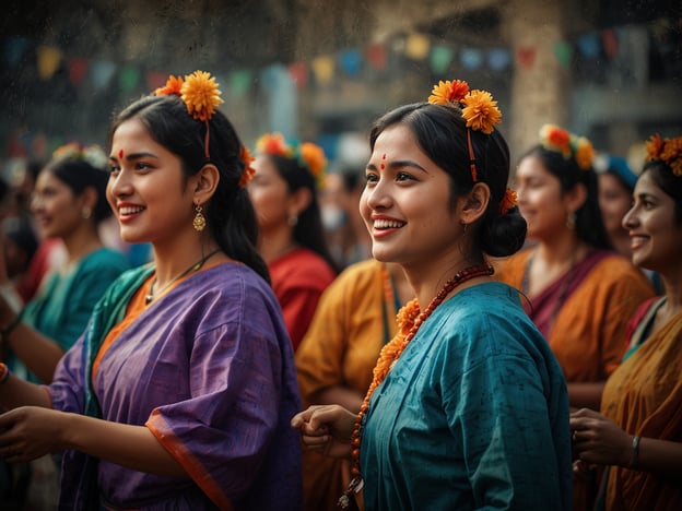 Auf dem Bild sind Frauen zu sehen, die traditionelle Kleidung tragen und fröhlich zusammen feiern. Die bunten Outfits und die Blumen im Haar deuten darauf hin, dass es sich um ein festliches Event handelt, möglicherweise ein kulturelles Fest oder eine Feierlichkeit, die mit Folklore und Bräuchen verbunden ist. Solche Traditionen könnten beispielsweise Einblicke in Erntefeste, religiöse Feiern oder kulturelle Feiertage gewähren, die oft mit Tanz, Musik und Gemeinschaftsaktivitäten gefeiert werden.