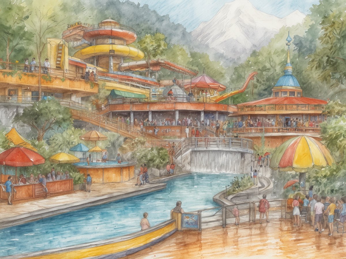 Ein lebhafter Freizeitpark mit bunten Wasserrutschen und mehreren Pools, umgeben von üppigem Grün und Bergen im Hintergrund. Menschen genießen die Attraktionen, während einige am Fluss entspannen. Bunte Sonnenschirme bieten Schatten, und zahlreiche Besucher stehen in Gruppen zusammen, um die Atmosphäre zu genießen. Die Architektur ist ansprechend und einladend, was auf eine charmante Stadt hinweist, die Freizeitvergnügen und Entspannung kombiniert.