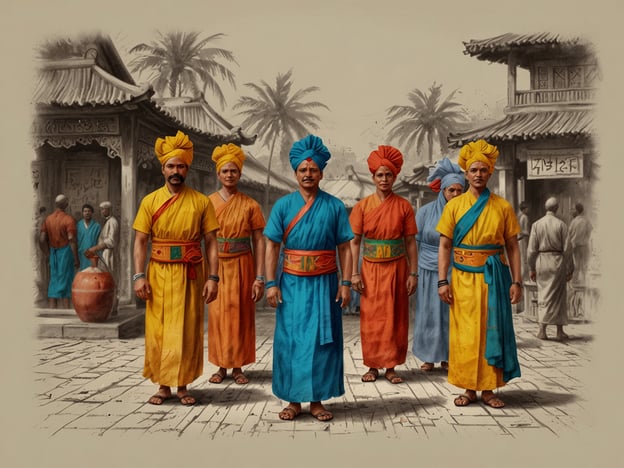 Auf dem Bild sind mehrere Personen in traditioneller Kleidung zu sehen, die farbenfroh gestaltet ist. Die Männer tragen turbans und lange Gewänder, die in verschiedenen Farben wie Blau, Gelb, Orange und Rot gehalten sind. Solche Kleidungsstücke können auf kulturelle Bräuche hinweisen, die möglicherweise aus südasiatischen Regionen stammen, wo solch bunte Kleidung oft bei festlichen Anlässen getragen wird.

Die Präsenz von Töpfen und der Architektur im Hintergrund deutet darauf hin, dass es sich um einen Marktplatz oder eine historische Stätte handeln könnte. Diese Elemente zeigen die reichhaltige Kultur und die Bräuche, die in sozialen und geschäftlichen Zusammenhängen praktiziert werden. Die freundliche Haltung der Personen könnte auf die Bedeutung von Gastfreundschaft und Gemeinschaft in vielen Kulturen hinweisen.