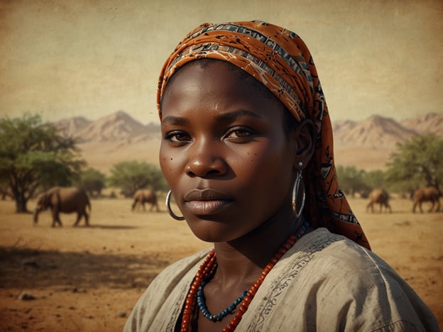 Auf dem Bild ist eine Frau zu sehen, die in einer afrikanischen Landschaft steht. Sie trägt einen farbenfrohen Kopf- und Halsschmuck und hat einen ernsten Ausdruck. Im Hintergrund sind Elefanten und eine trockene, gebirgige Landschaft zu erkennen. Diese Szenerie könnte typisch für Regionen in Niger sein, wo die Natur und Tierwelt eine wichtige Rolle im täglichen Leben spielt. Niger ist bekannt für seine vielfältige Kultur und seine Verbindungen zur Natur.