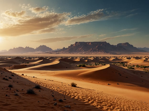 Auf dem Bild ist eine beeindruckende Landschaft der Sahara zu sehen, die ein faszinierendes Ödland darstellt. Die weiten Sanddünen strecken sich über die Fläche, während die sanften Wellen der Dünen in der Abenddämmerung geschätzt werden. Im Hintergrund erheben sich majestätische Felsen und Berge, die der Szenerie eine dramatische Note verleihen. Der Himmel zeigt eine Mischung aus warmen Farben, was die Schönheit dieser einzigartigen Wüste unterstreicht.