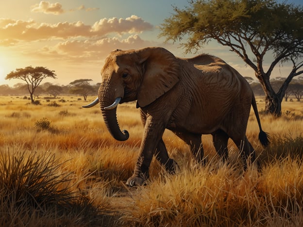 Auf dem Bild ist ein Elefant zu sehen, der durch die Savanne wandert. Die Savanne ist ein Ort voller Leben, geprägt von weiten, goldenen Grasebenen und vereinzelten Akazienbäumen. Die warme Lichtstimmung und die Weite der Landschaft vermitteln ein Gefühl von Freiheit und Naturverbundenheit. Der Elefant selbst symbolisiert die majestätische Tierwelt, die in dieser einzigartigen Umgebung lebt.