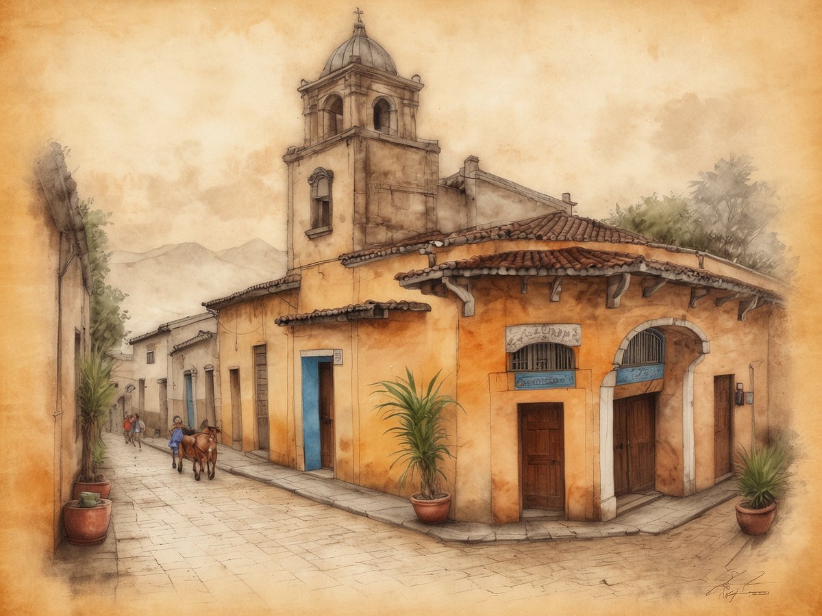 Ein malerischer Straßenzug in Jocotenango mit bunten, historischen Gebäuden, die eine warme Farbpalette aufweisen. Im Vordergrund sind große Tontöpfe mit Pflanzen zu sehen. Zwei Kinder und ein Pferd gehen gemütlich die Straße entlang, während sich sanfte Hügel im Hintergrund abzeichnen. Der Himmel hat eine sanfte, neblige Anmutung, die der Szene eine ruhige Atmosphäre verleiht.